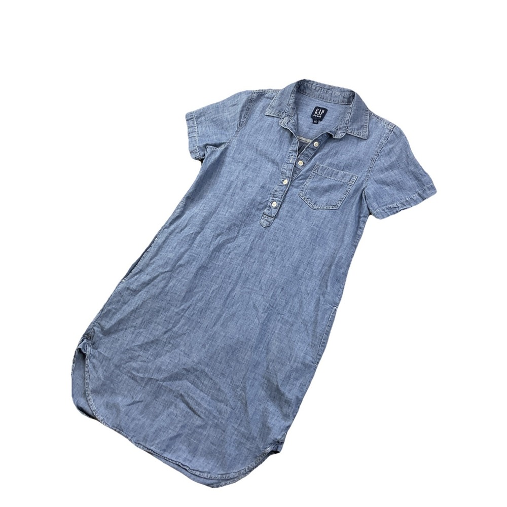 Gap Denim Popover Dress Womens Petite XS Chambray Collared Pockets Casual - Picture 7 of 7